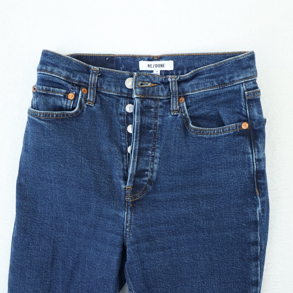 Re/Done 70s Stove Pipe Jeans Women's 26 Dark Rinse Straight Button Fly Raw Hem - Picture 2 of 14